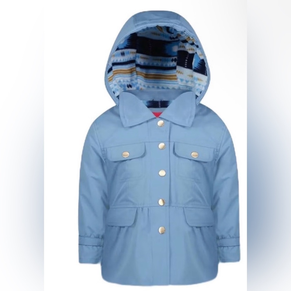 London Fog Light Blue Hooded Raincoat with Patterned Lining